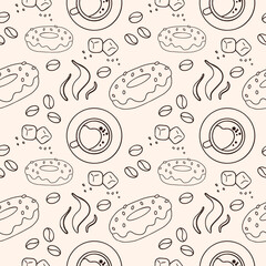 Coffee beans, coffee, donut and sugar, contour, seamless vector pattern