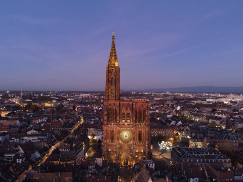 Distant view of the Strasbourg Cathedral and the city view in Alsace, France