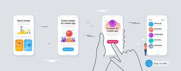 Verify, Refresh and 5g technology minimal line icons. Phone ui interface. Fingerprint, Internet warning, Quick tips icons. Friends chat, Credit card, E-mail web elements. Vector