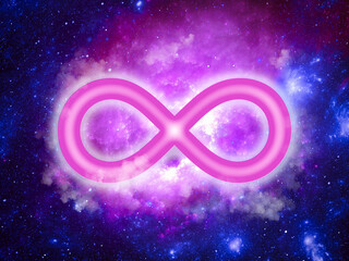 Infinity sign on the background of space landscape - abstract 3d illustration
