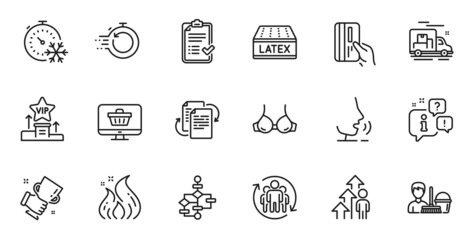 Outline set of Fast recovery, Teamwork and Freezing timer line icons for web application. Talk, information, delivery truck outline icon. Include Bra, Fire energy, Latex mattress icons. Vector