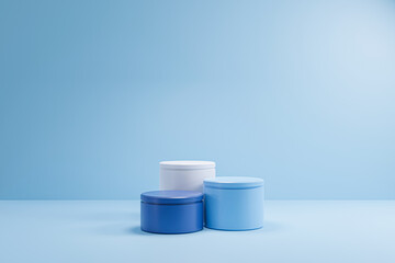 3 step cylinder blue podium on blue background, minimal concept,  showcase for product. 3D render