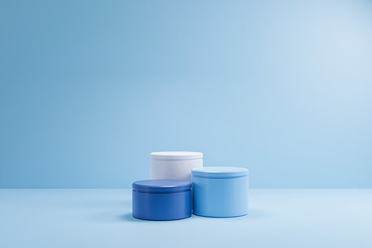 3 Step Cylinder Blue Podium On Blue Background, Minimal Concept,  Showcase For Product. 3D Render