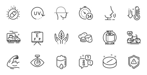 Outline set of Eye laser, Potato and Strong arm line icons for web application. Talk, information, delivery truck outline icon. Include Shield, Cardio bike, Fair trade icons. Vector