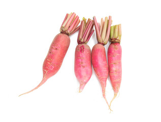 daikon radishes isolated on white background. red radish. top view