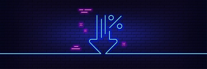 Neon light glow effect. Low percent line icon. Discount sign. Credit percentage decrease symbol. 3d line neon glow icon. Brick wall banner. Low percent outline. Vector