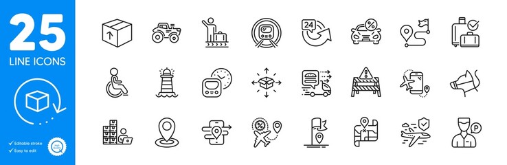Outline icons set. Disability, Baggage reclaim and Package icons. 24 hours, Luggage belt, Map web elements. Journey, Lighthouse, Flight sale signs. Parcel delivery, Gps, Return package. Vector