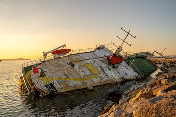 Abandoned  boat with beautiful sunset .Shipwrecked boat in Turkey