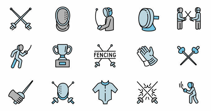Fencing icons set outline vector. Sport fencer. Suit sword