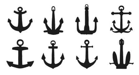 Silhouette of anchor. Vector set black white doodle sketch isolated illustration.