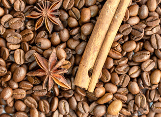 Coffee beans with cinnamon stick