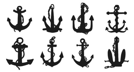 Silhouette of anchors with rope and iron chain. Vector set black white doodle sketch isolated illustration.