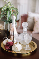 serving in the restaurant - champagne, decanter and glasses