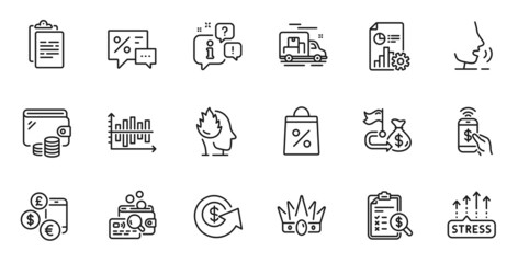 Outline set of Inspect, Stress grows and Crown line icons for web application. Talk, information, delivery truck outline icon. Include Phone payment, Financial goal, Stress icons. Vector