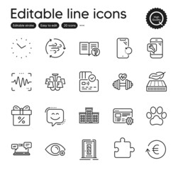 Set of Business outline icons. Contains icons as Web settings, Chandelier and Help elements. Wind energy, Smile face, Phone repair web signs. Internet chat, Company, Discount offer elements. Vector