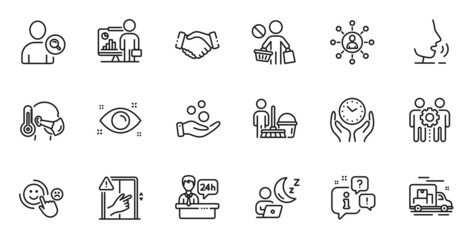 Outline set of Stop shopping, Find user and Employees teamwork line icons for web application. Talk, information, delivery truck outline icon. Vector