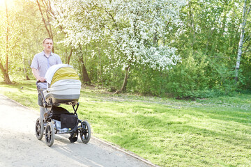 A man with a baby stroller walks through a summer park against the background of blooming apple...