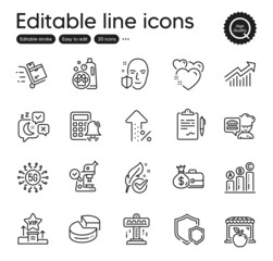 Set of Business outline icons. Contains icons as Market, Shields and Pie chart elements. Vip podium, Attraction, 5g technology web signs. Salary, Pet shampoo, Increasing percent elements. Vector