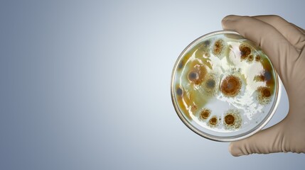 Scientist holds a petri dish with multi-colored bacteria from the environment,