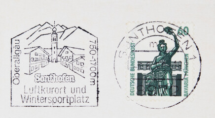briefmarke stamp vintage retro alt old used gestempelt gebraucht grün green bavaria münchen slogan werbung sonthofen oberallgäu 60
