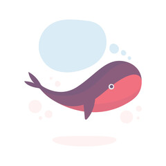 Thinking whale. Cute toy whale with speech bubble. Drawing illustration in cartoon style. Part of set.