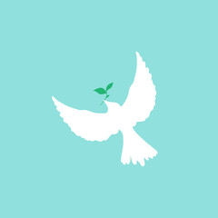 Peace and hope flying bird. White dove with green sprig. Icon isolated on blue. Peace, holiday, love vector symbol.