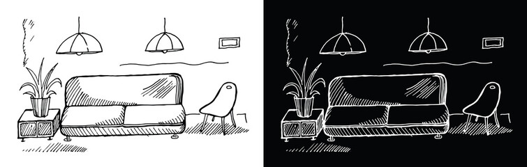 Interior of a room, office, rest room. Room illustration. Black and white image. Kit. Vector image. 