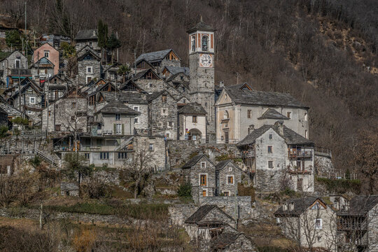Landscape of Corippo on a mountain in autumn in Switzerland