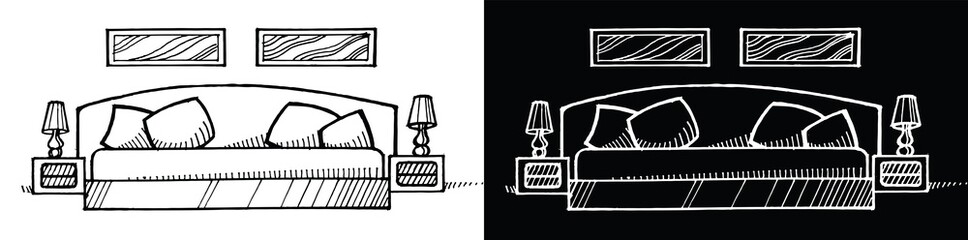 Interior of a room, office, rest room. Room illustration. Black and white image. Kit. Vector image. 