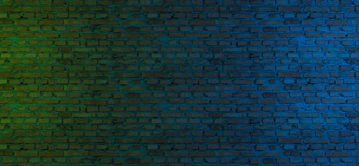 Two-color background illuminated brick wall. 3d render