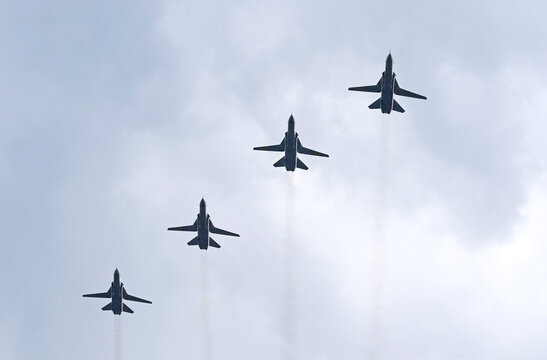Kyiv, Ukraine - August 24, 2021: Ukrainian Air Force Su-24M Fencer planes in the sky over Kyiv during the Ukraine Independence Day Parade