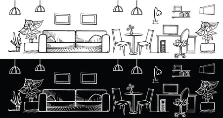 Interior of a room, office, rest room. Room illustration. Black and white image. Kit. Vector image. 
