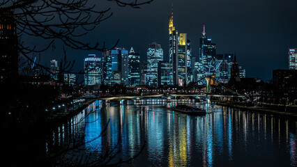 Beautiful shot of the city of Frankfurt in Germany at night - obrazy, fototapety, plakaty