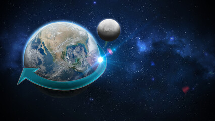 Planet Earth with indication of rotation movement with blue background with stars representing the universe
