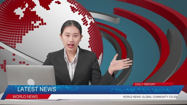 Live News Studio With Asian Professional Female Anchor And Her Computer Pointing To Side While Reporting On The Events Of The Day

