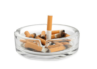 Glass ashtray with cigarette stubs isolated on white
