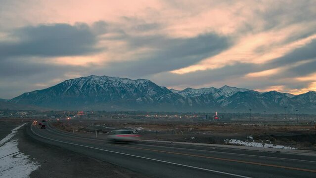 Timelapse of traffic on 800 north moving into Vineyard from Orem looking east to the mountains in Utah.