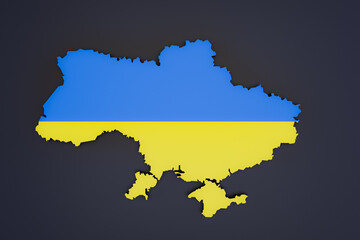 Three dimensional map of Ukraine in the national colors blue and yellow. 3D illustration