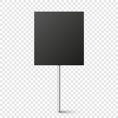 Black blank board with place for text, protest sign isolated on transparent background. Realistic demonstration or advertising banner. Strike action cardboard placard mockup. Vector illustration.