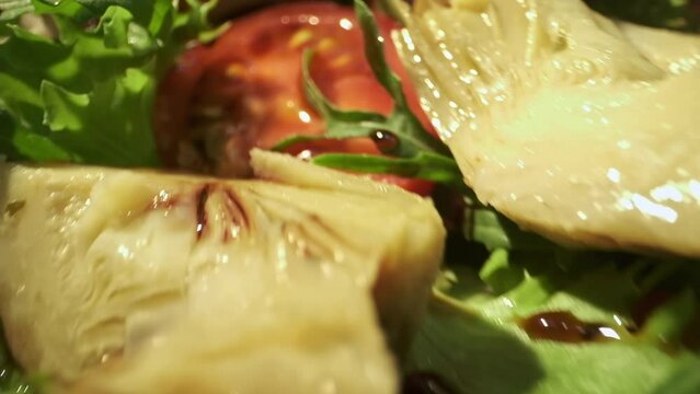 Appetizing Salad Close Up. Tomato Salad And Meat.