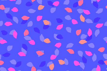 Petals gliding in the air. Falling floral or fruit trees petals seamless pattern. Early spring or summer pink, orange, purple petals on purple background. Sketch vector illustration