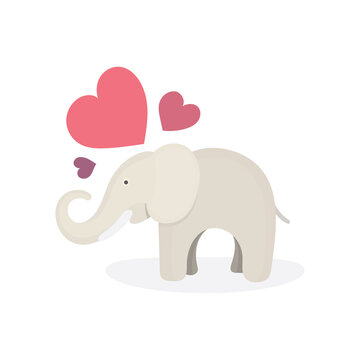 Elephant in love. Cute elephant and hearts. Drawing illustration in cartoon style. Part of set.