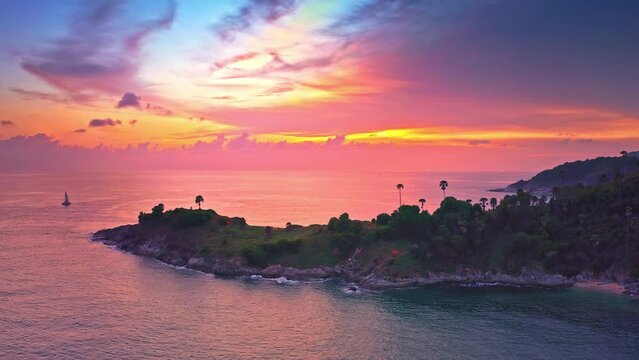 Phuket Thailand sunset aerial view. Promthep cape scenic nature landscape