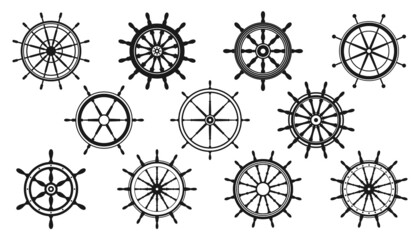 Collection of vintage steering wheels. Ship, yacht retro wheel symbol. Nautical rudder icon. Marine design element. Vector illustration