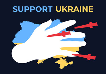 Vector illustration of map of Ukraine with a flag of Ukraine and a hand, that cover. Banner for Ukraine support. No to war. Stand with Ukraine, help Ukrainian.