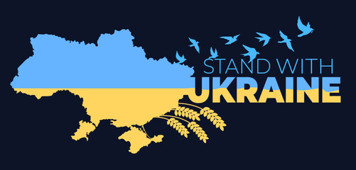 Vector illustration of map of Ukraine with a flag of Ukraine with birds. Banner for Ukraine support. No to war. Stand with Ukraine, help Ukrainian.
