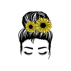 Mom with a Messy Bun, Momlife sunflower, Silhouette of a woman face with messy hair in a bun with flowers