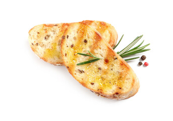 Tasty bruschettas with oil, rosemary and pepper on white background, top view