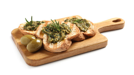 Tasty bruschettas with pesto, rosemary and olives on white background