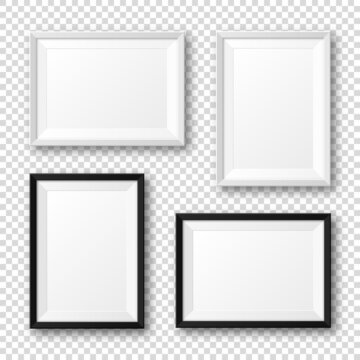 Realistic black and white picture frames with shadow on checkered background. Blank poster mockup. Empty photo frame. Vector illustration.
